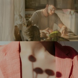 a person sitting at a table with a cat and shadows of flowers on someone