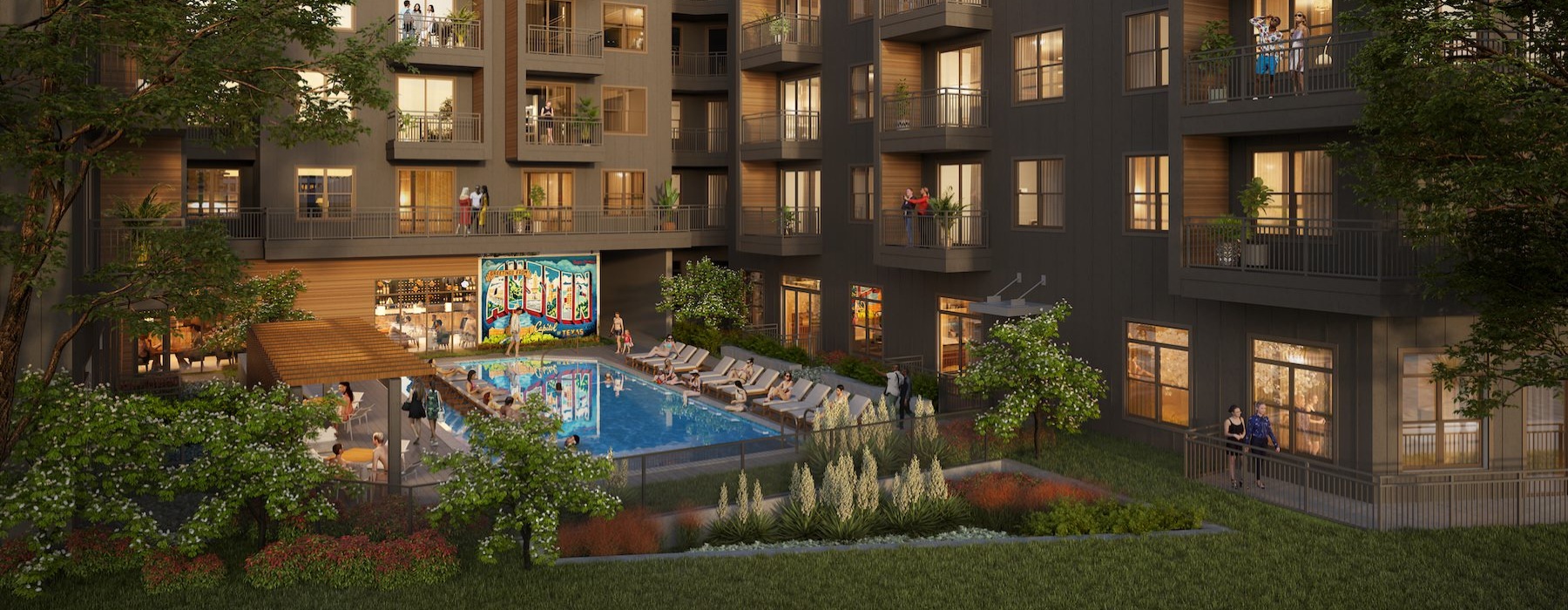 a large building with a pool in front of it