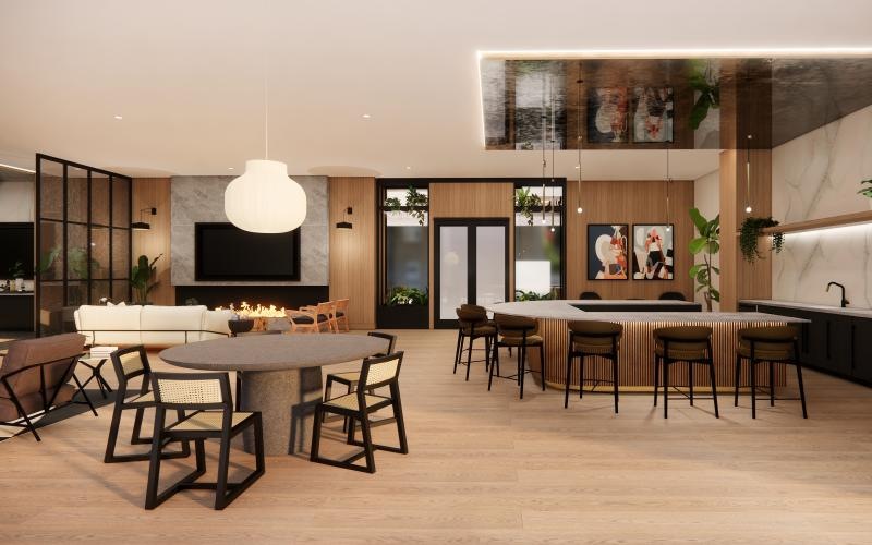 a room with a table chairs and a tv