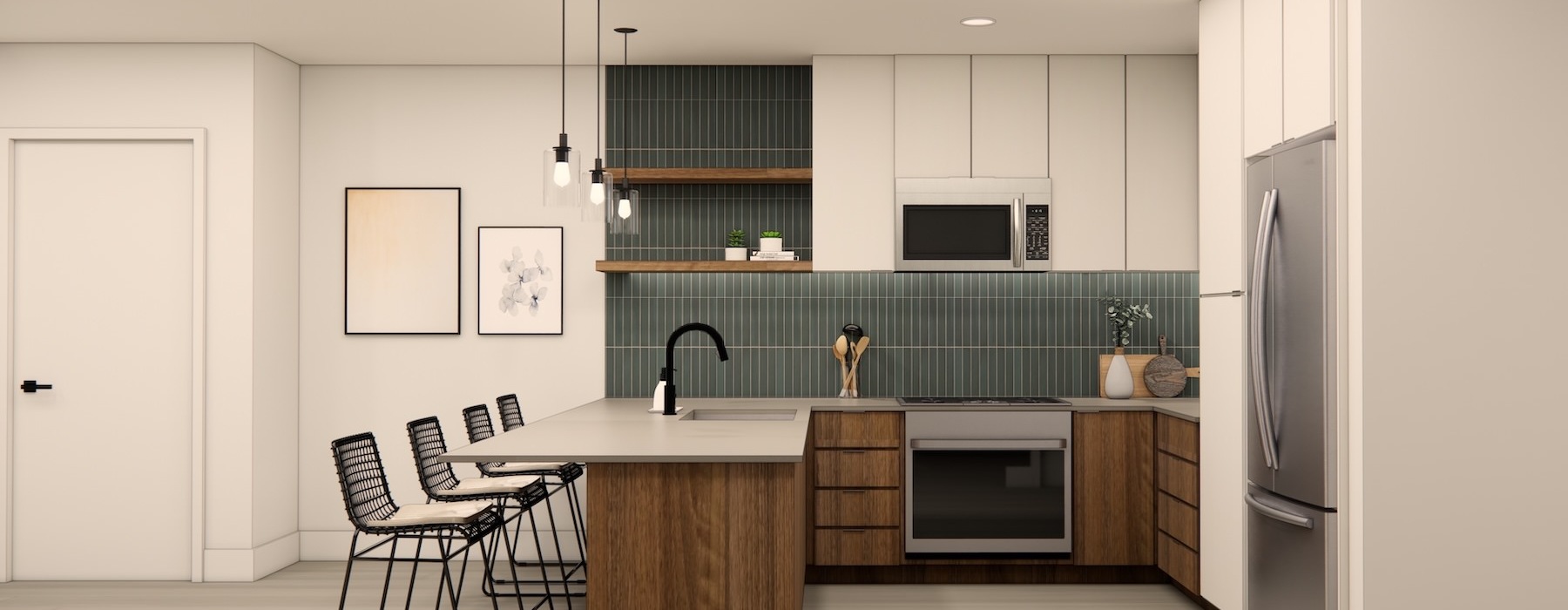 a kitchen with a table and chairs