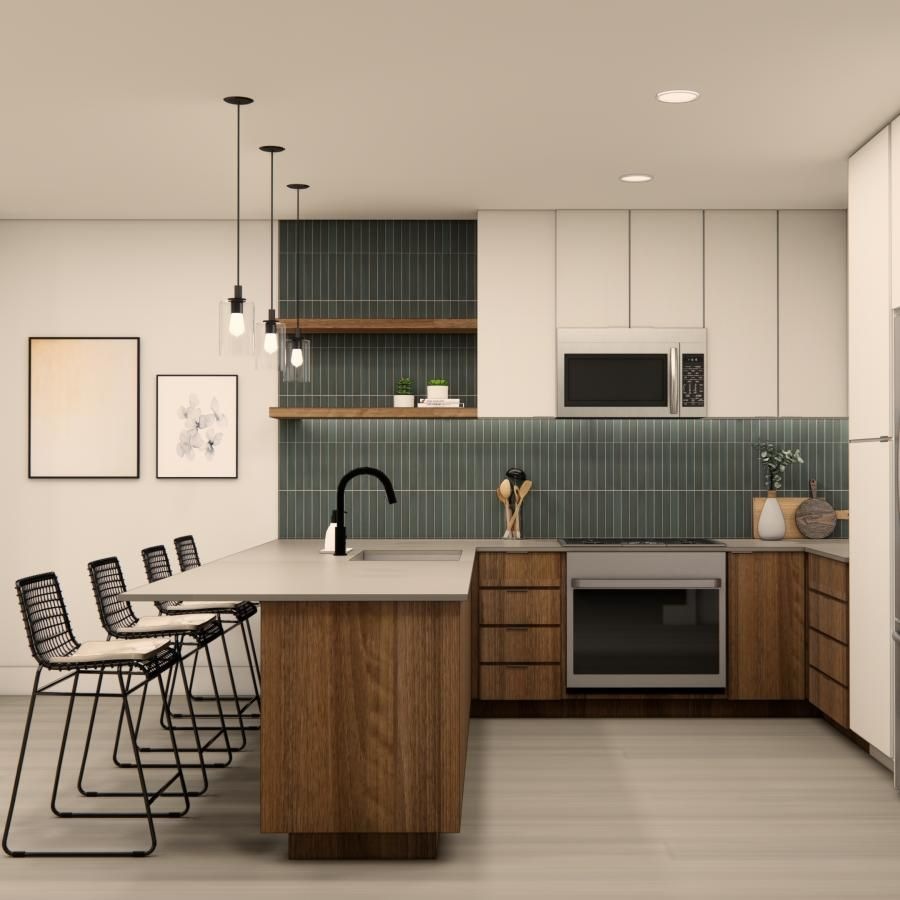 a kitchen with a table and chairs