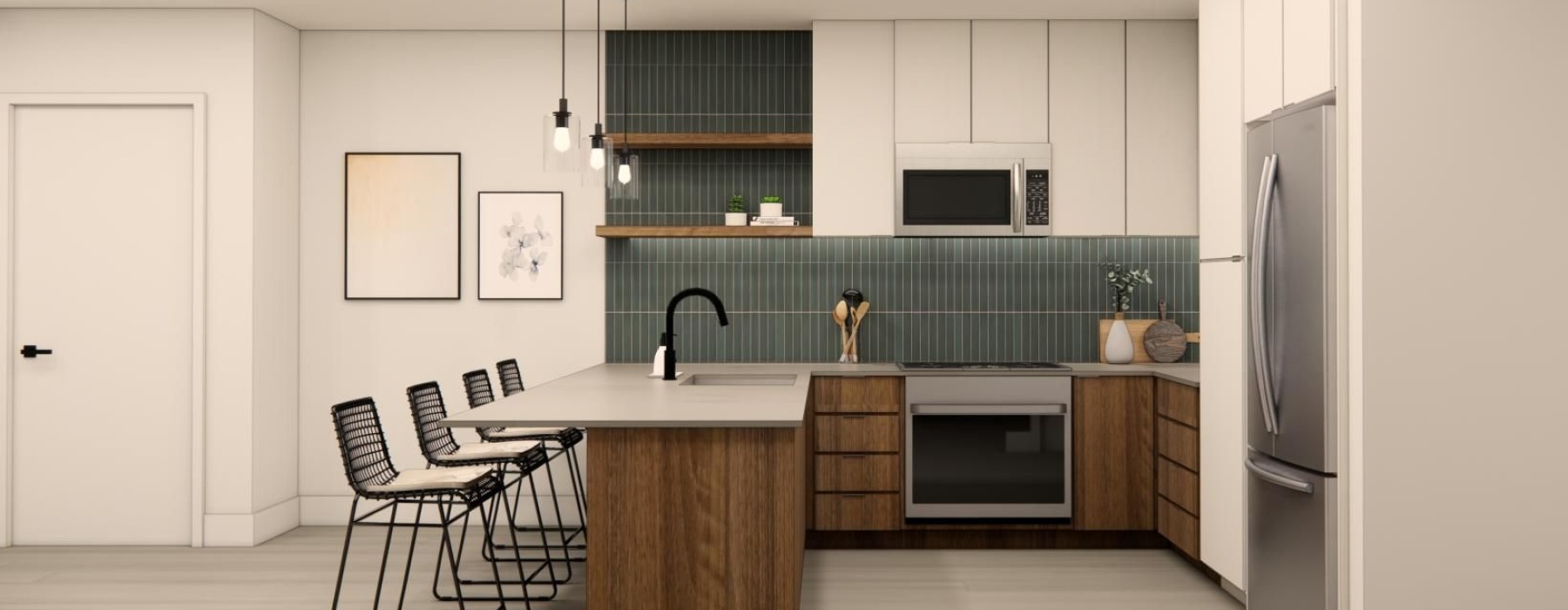 a kitchen with a table and chairs